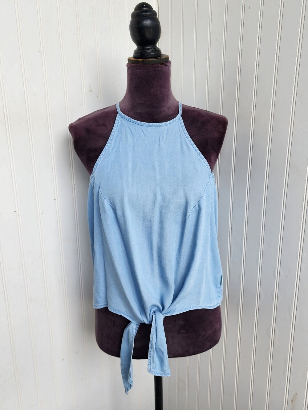 Calvin Klein Jeans Lyocell Chambray Halter Tie Front Tank Top Womens Blue Sz M